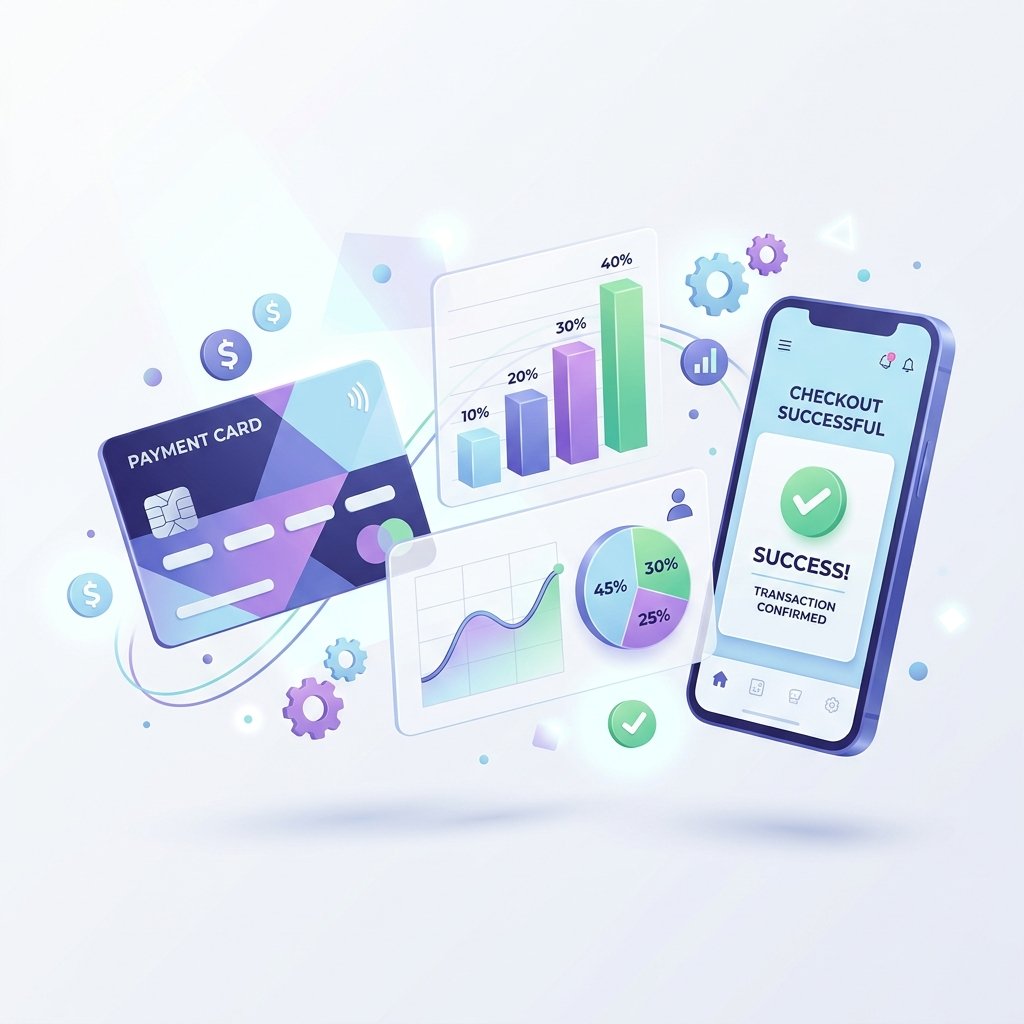 Illustration connecting payment cards, a mobile checkout, and business activity charts