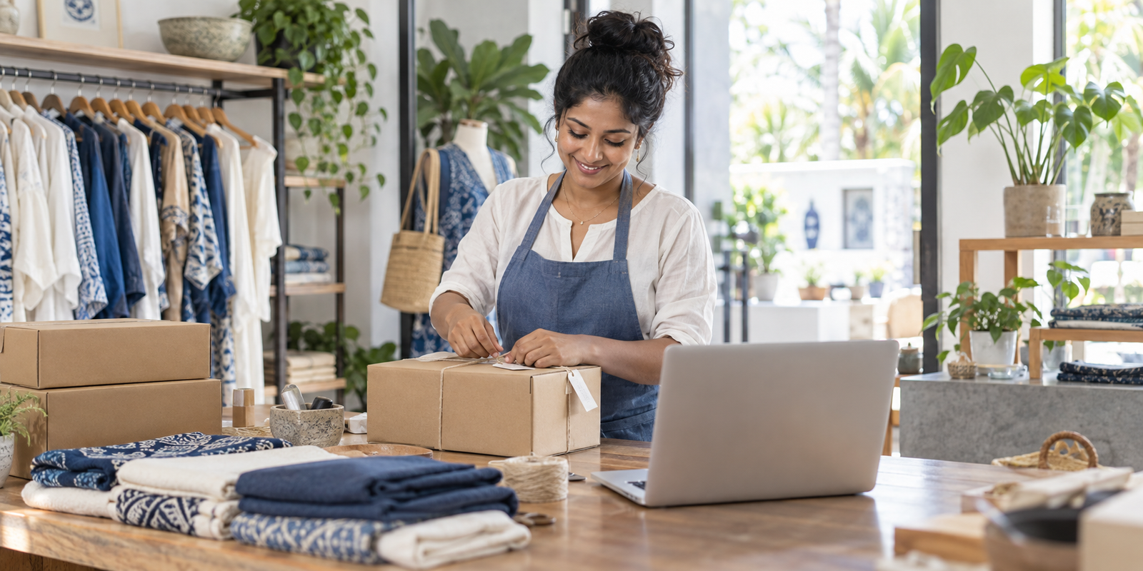 Illustrative scene of a boutique owner packing an online order beside her laptop