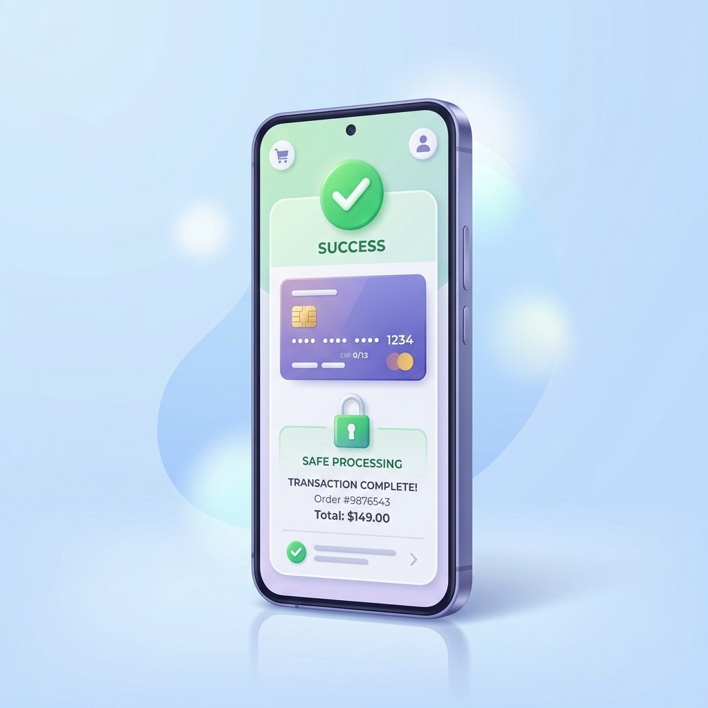 Illustration of a mobile checkout with a payment confirmation